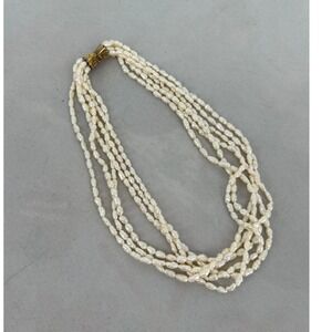 Vintage Multi Strand Freshwater Rice Pearl Necklace Gold Tone Bow Clasp 16 In